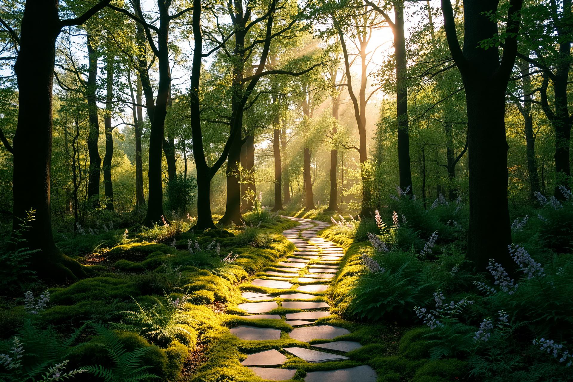 Sunlit woodland clearing with mossy stone path branching through ferns