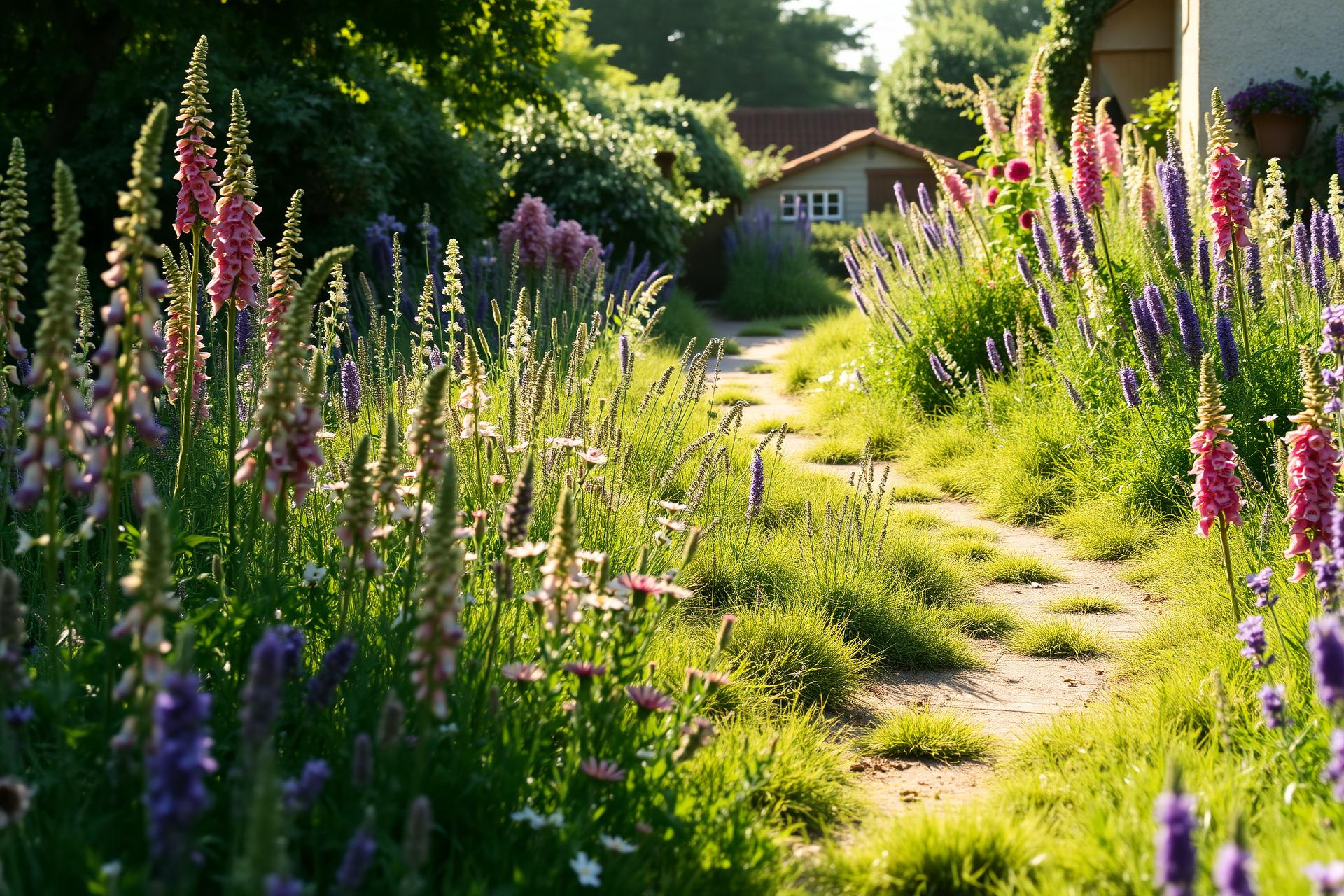 Wildflower path through a sunlit cottage garden of foxgloves and lavender